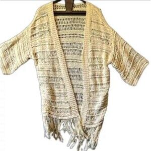 American Eagle Fringe Cardigan Sweater Tan Womens Size Small Petite Short Sleeve